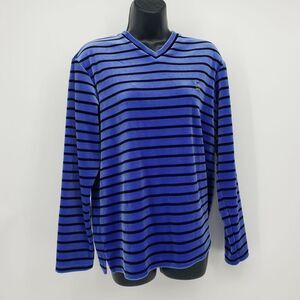 Tommy Hilfiger Velour Top Women's Medium Blue Black Pullover V-Neck Long Sleeves